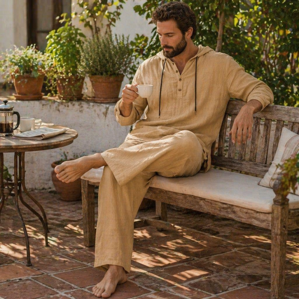 Drakescape – Relaxte linnen Henley-top met capuchon en broek - Lamylie