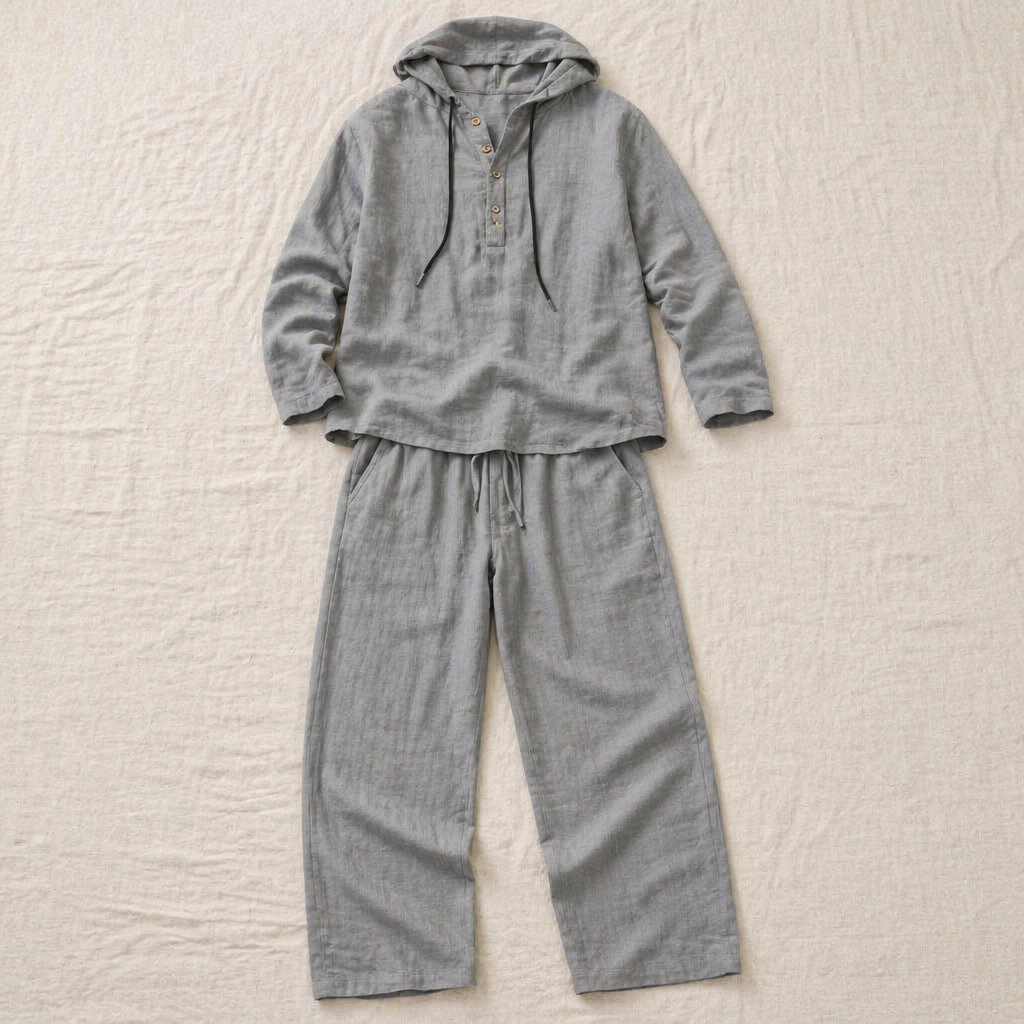Drakescape – Relaxte linnen Henley-top met capuchon en broek - Lamylie