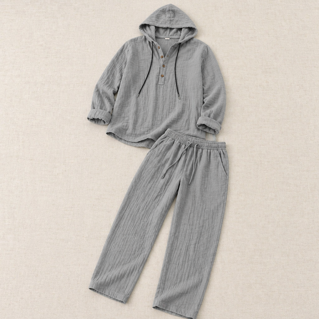 Drakescape – Relaxte linnen Henley-top met capuchon en broek - Lamylie