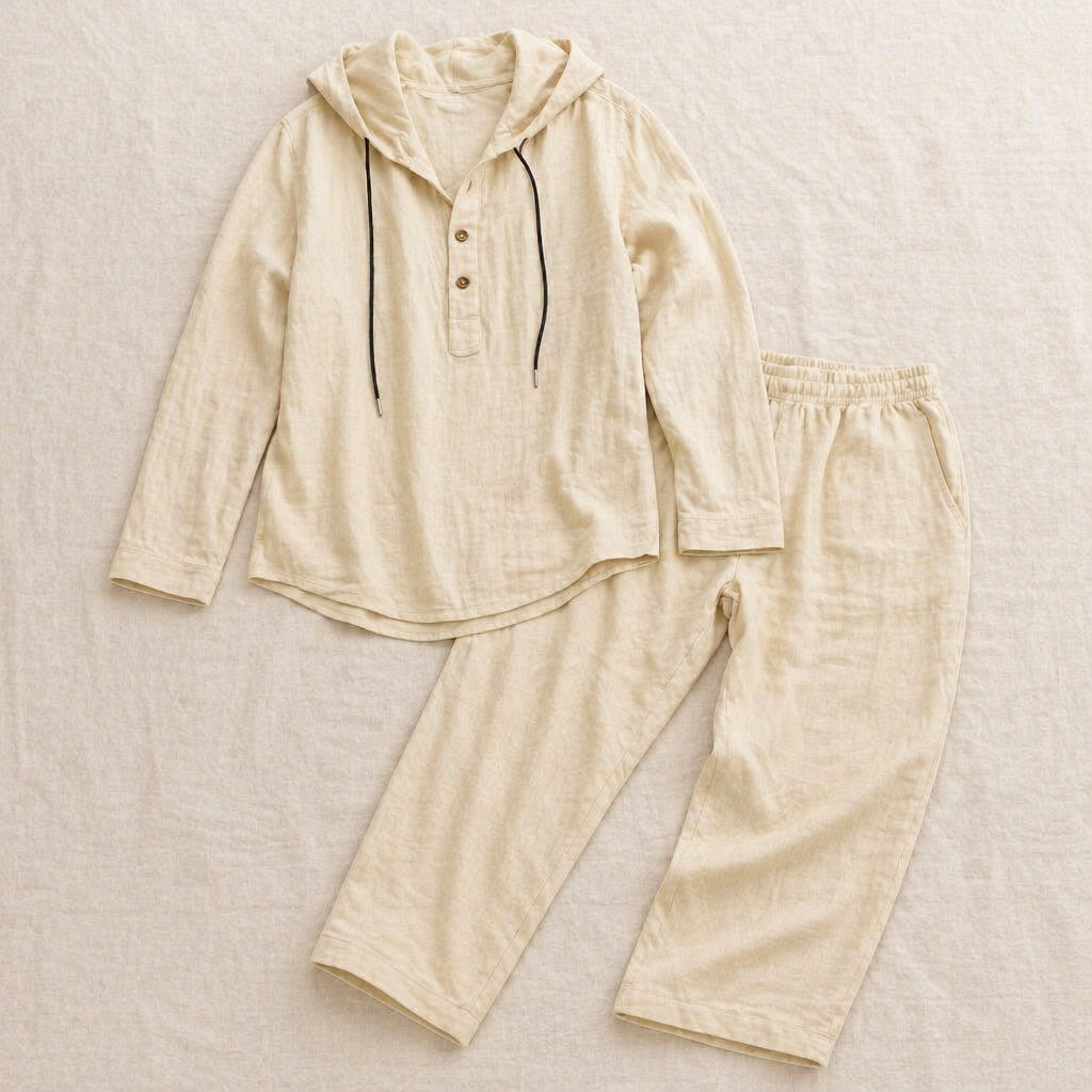 Drakescape – Relaxte linnen Henley-top met capuchon en broek - Lamylie