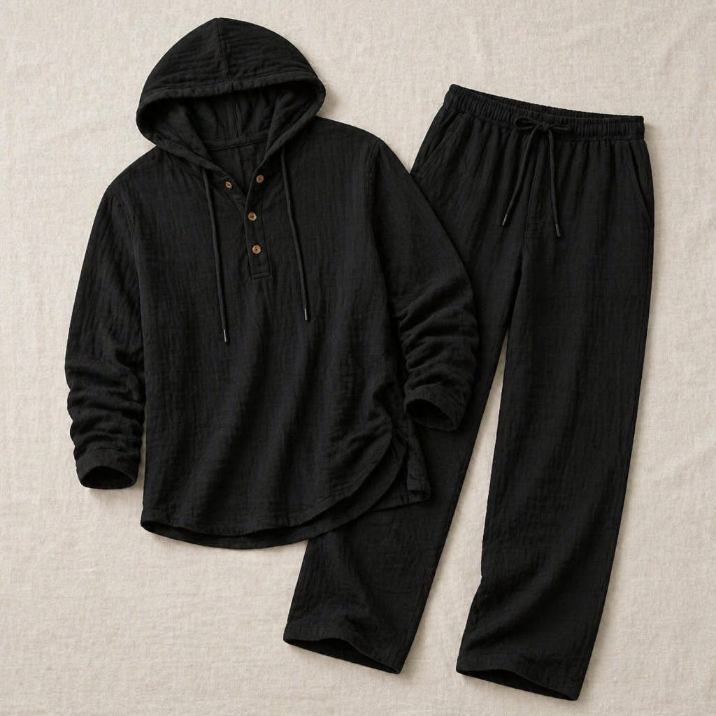 Drakescape – Relaxte linnen Henley-top met capuchon en broek - Lamylie