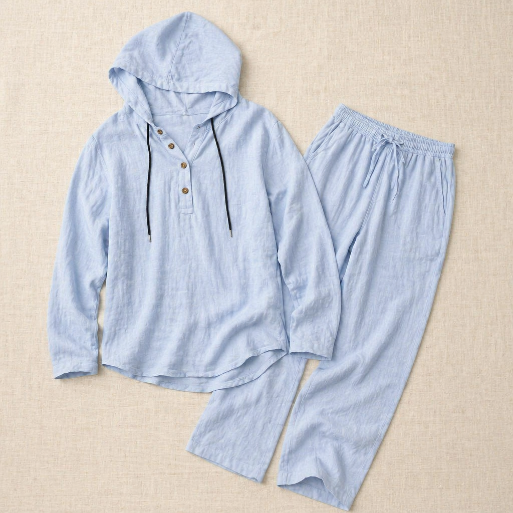 Drakescape – Relaxte linnen Henley-top met capuchon en broek - Lamylie
