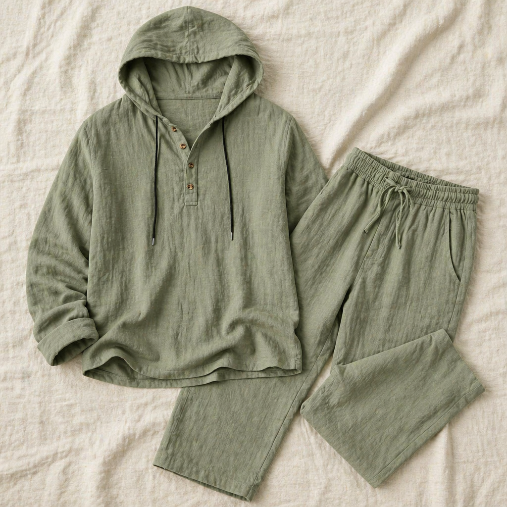 Drakescape – Relaxte linnen Henley-top met capuchon en broek - Lamylie