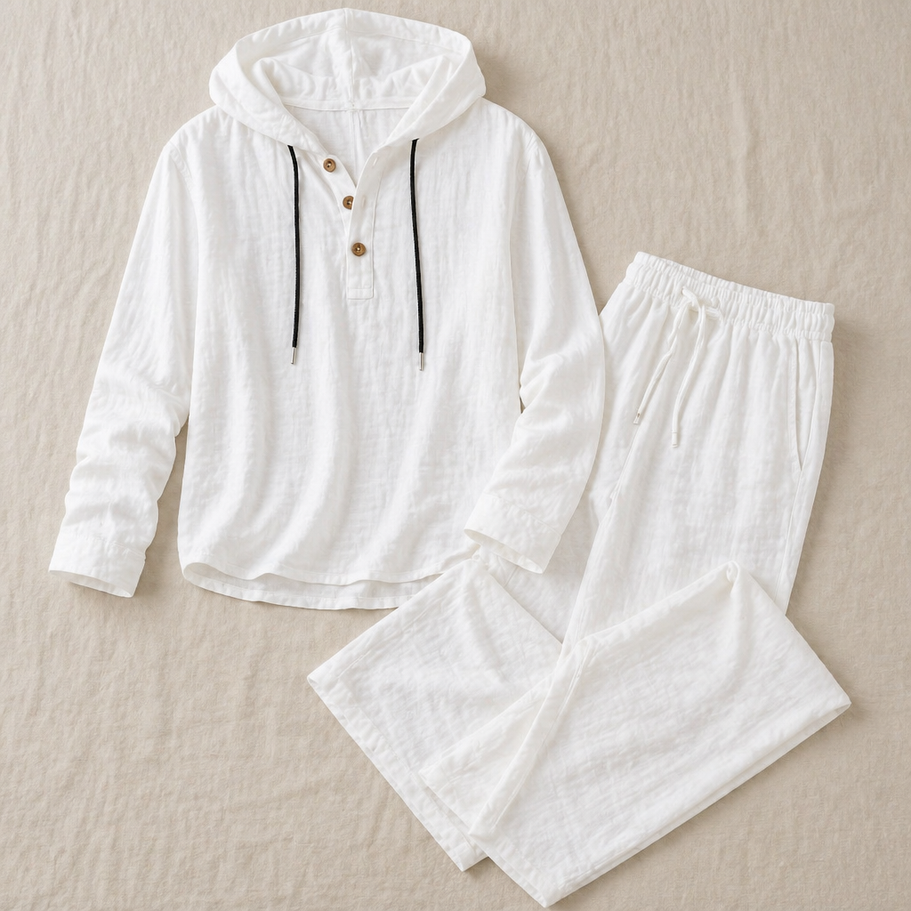 Drakescape – Relaxte linnen Henley-top met capuchon en broek - Lamylie