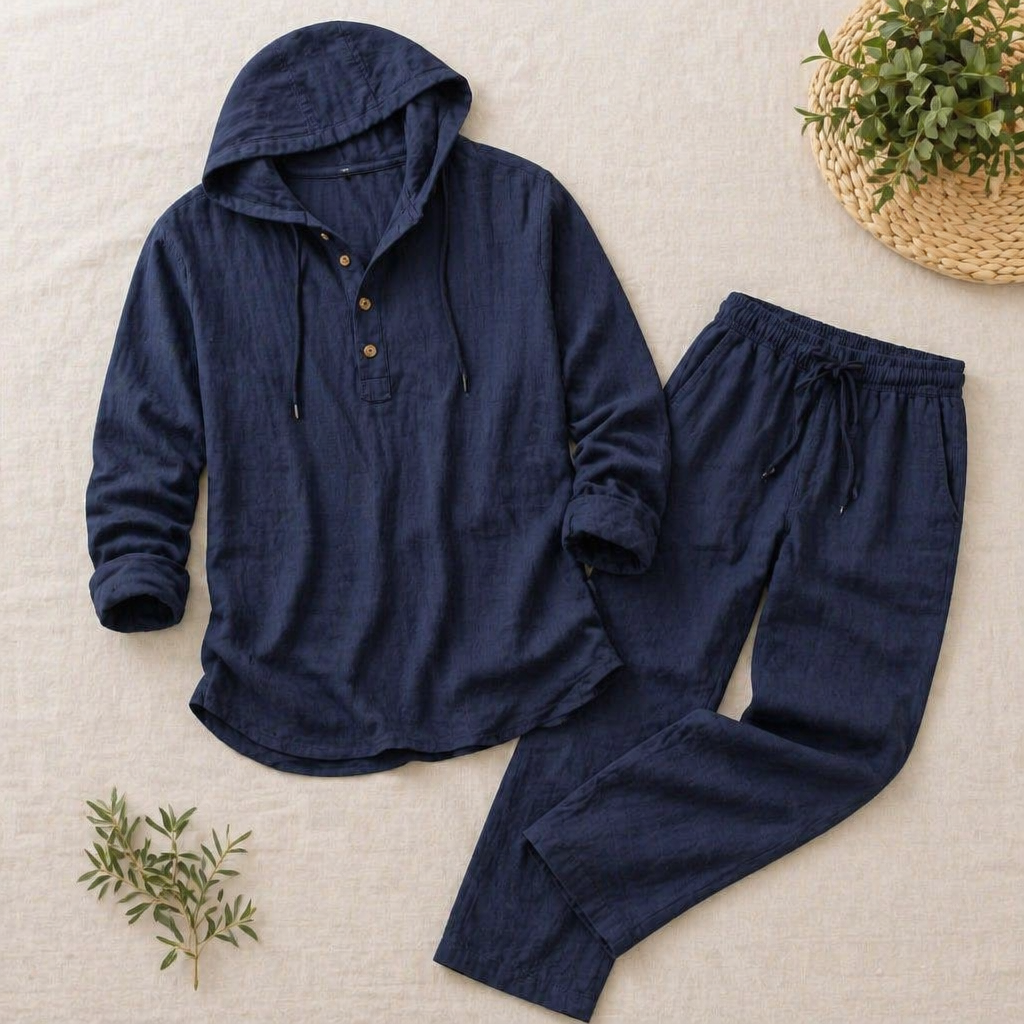 Drakescape – Relaxte linnen Henley-top met capuchon en broek - Lamylie