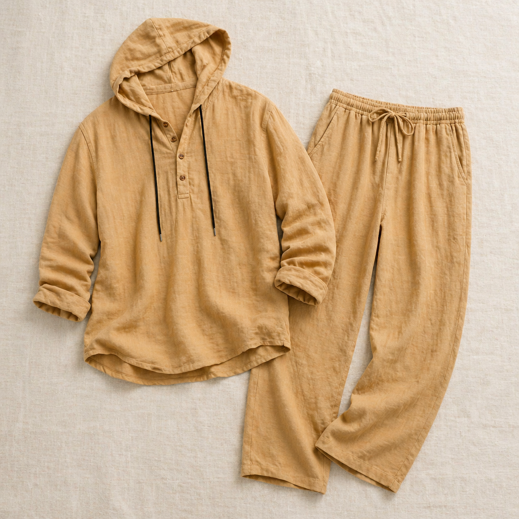 Drakescape – Relaxte linnen Henley-top met capuchon en broek - Lamylie