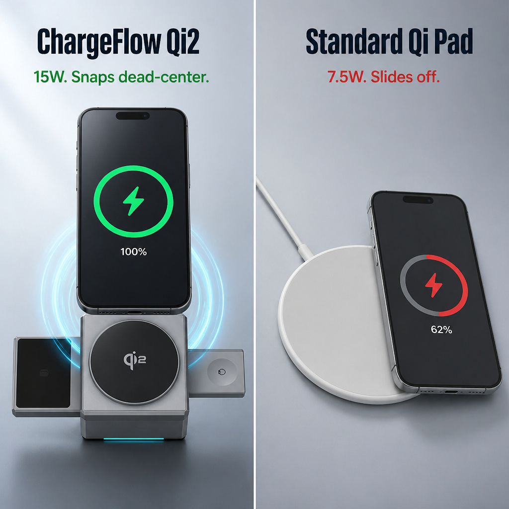 ChargeFlow — iPhone, Watch und Headsets an einem faltbaren Qi2-Ständer befestigen - Lamylie