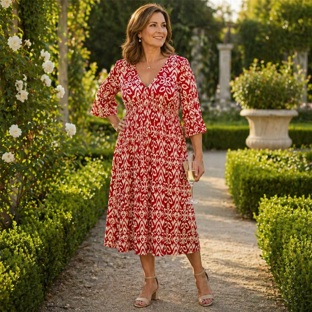 Majestella – Luftiges Midikleid mit V-Ausschnitt und gesmokter Taille – Lamylie
