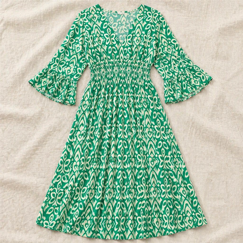 Majestella – Luftiges Midikleid mit V-Ausschnitt und gesmokter Taille – Lamylie