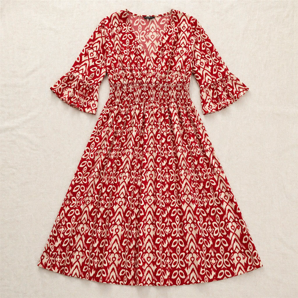 Majestella – Luftiges Midikleid mit V-Ausschnitt und gesmokter Taille – Lamylie