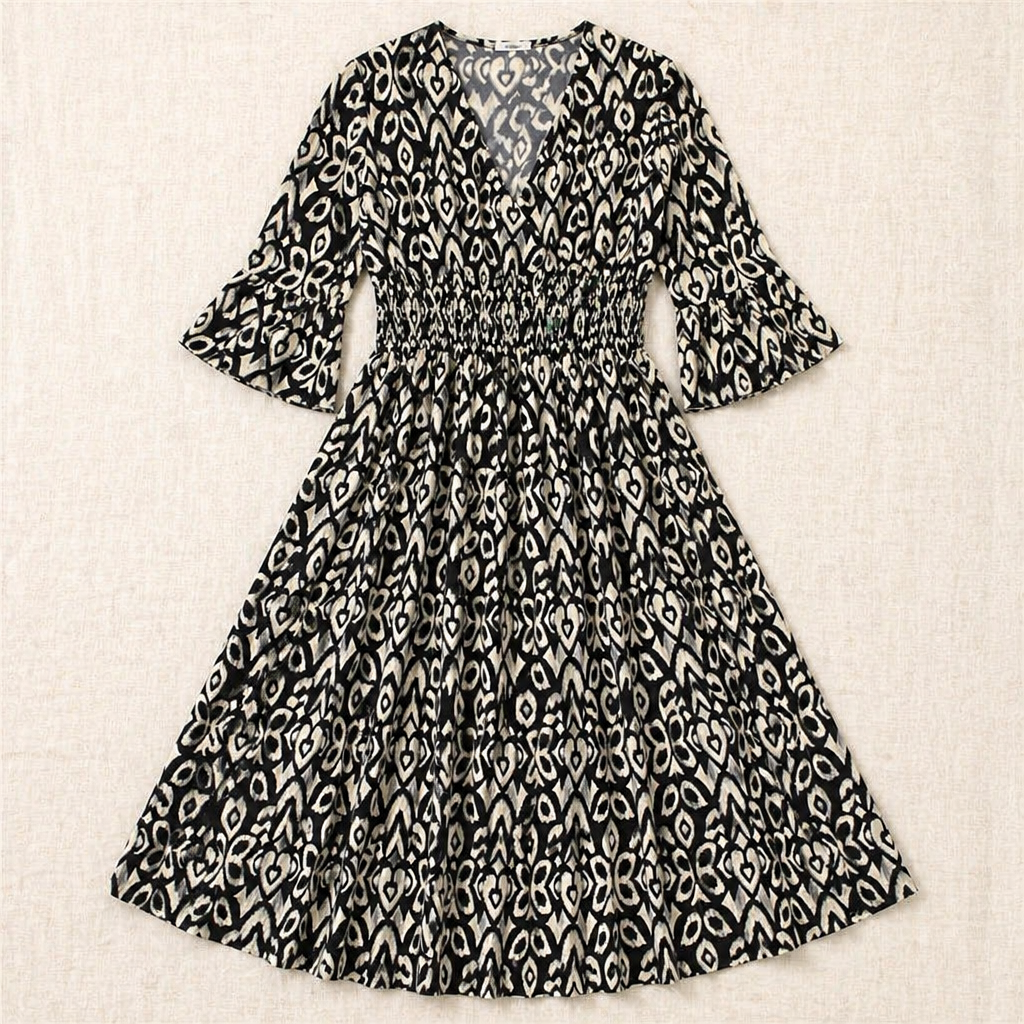 Majestella – Luftiges Midikleid mit V-Ausschnitt und gesmokter Taille – Lamylie