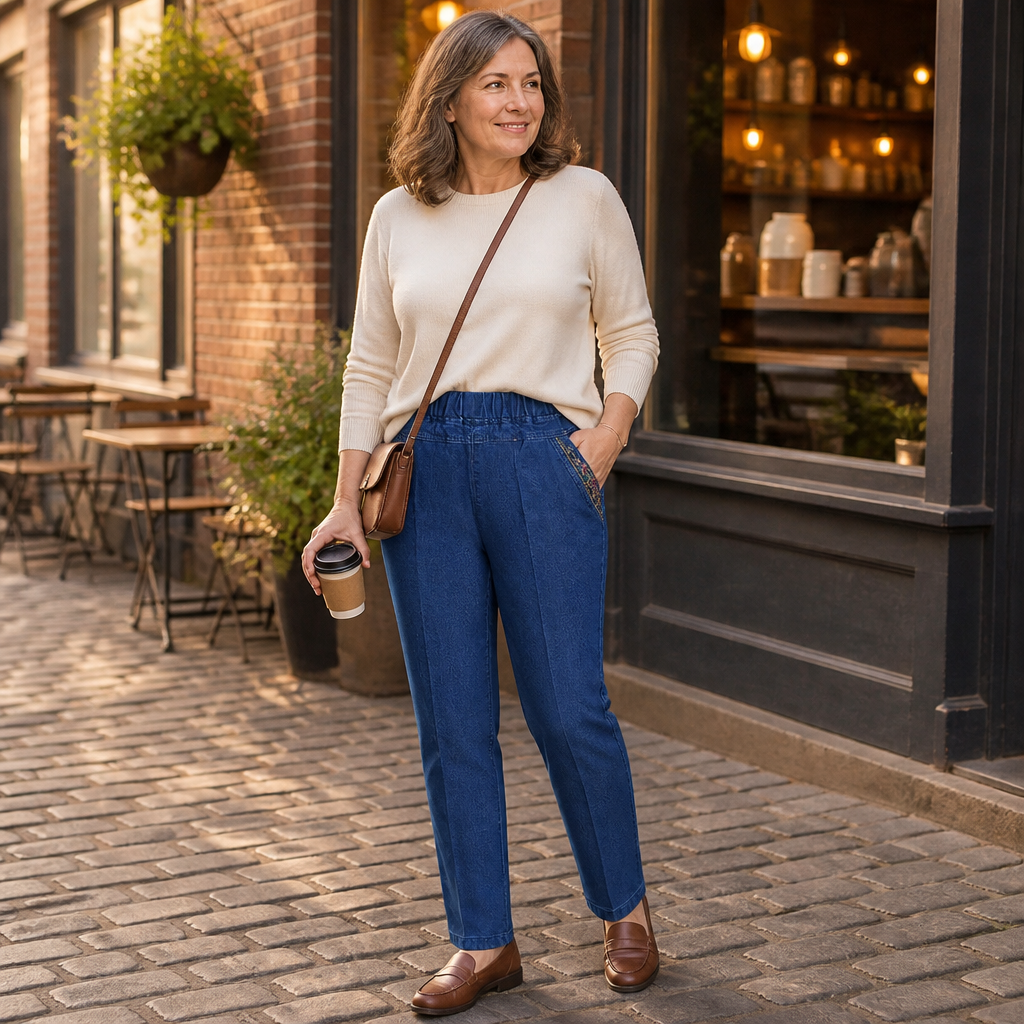 LuxeStride – Easy Pull-On Stretch Jeans with Embroidered Pocket Trim - Lamylie