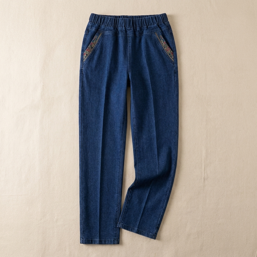 LuxeStride – Easy Pull-On Stretch Jeans with Embroidered Pocket Trim - Lamylie