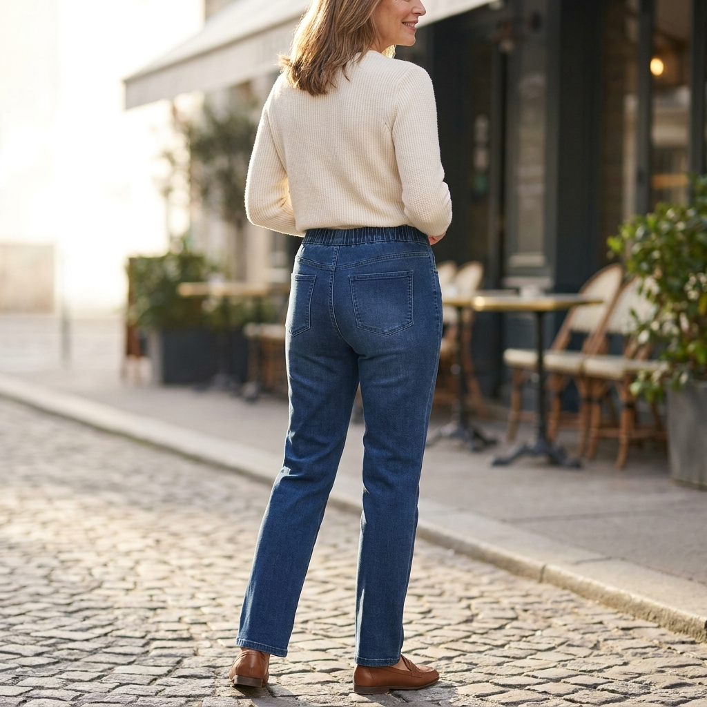 LuxeStride – Easy Pull-On Stretch Jeans with Embroidered Pocket Trim - Lamylie