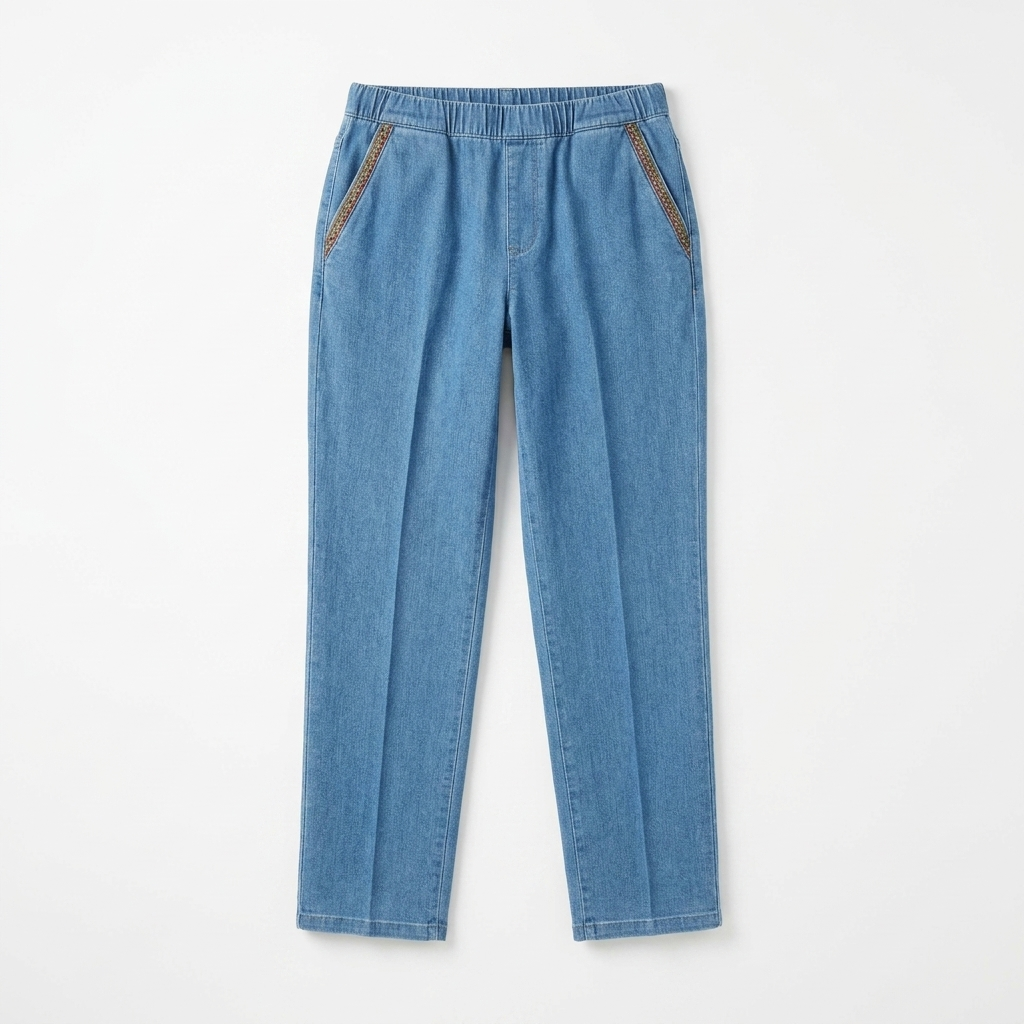 LuxeStride – Easy Pull-On Stretch Jeans with Embroidered Pocket Trim - Lamylie