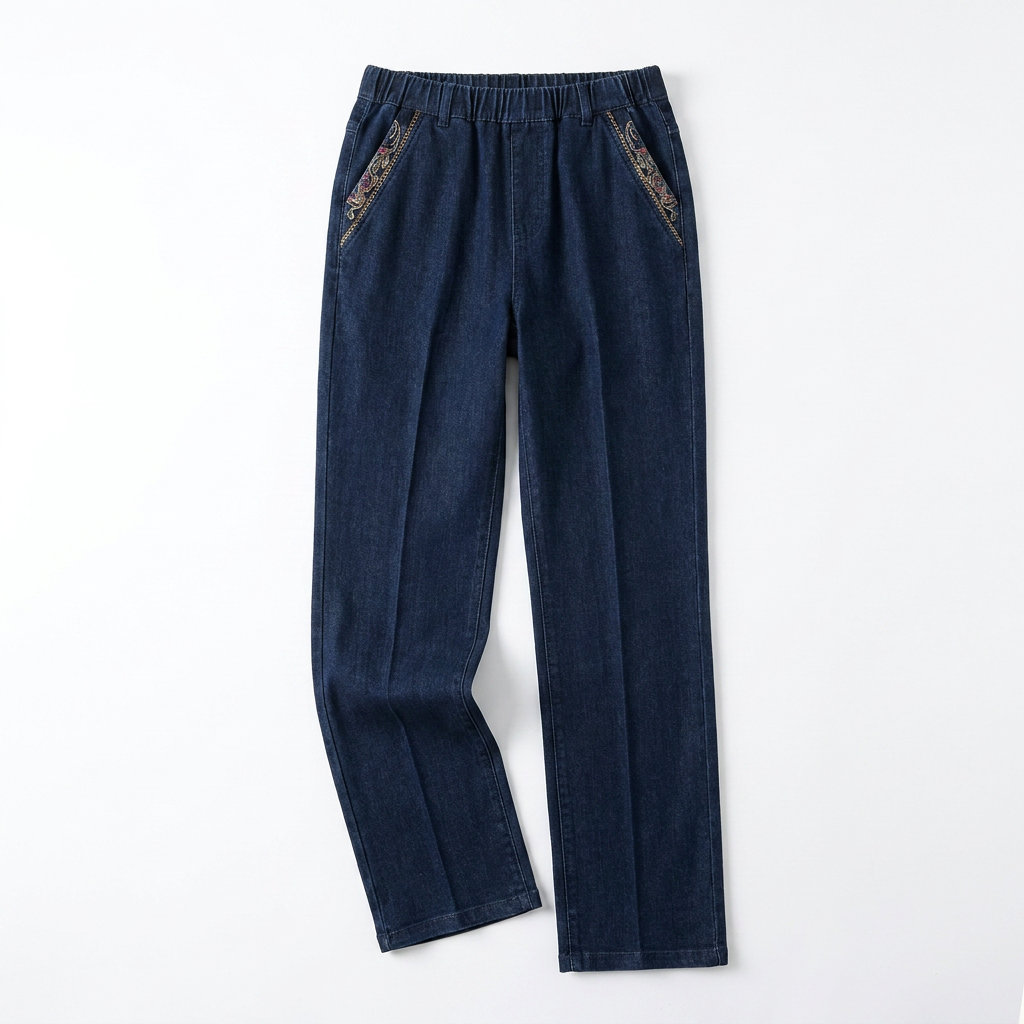 LuxeStride – Easy Pull-On Stretch Jeans with Embroidered Pocket Trim - Lamylie