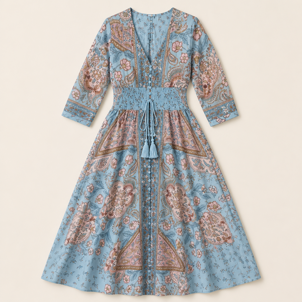 Mirella – Bohemian Paisley V-Neck Maxi Dress with Smocked Waist - Lamylie