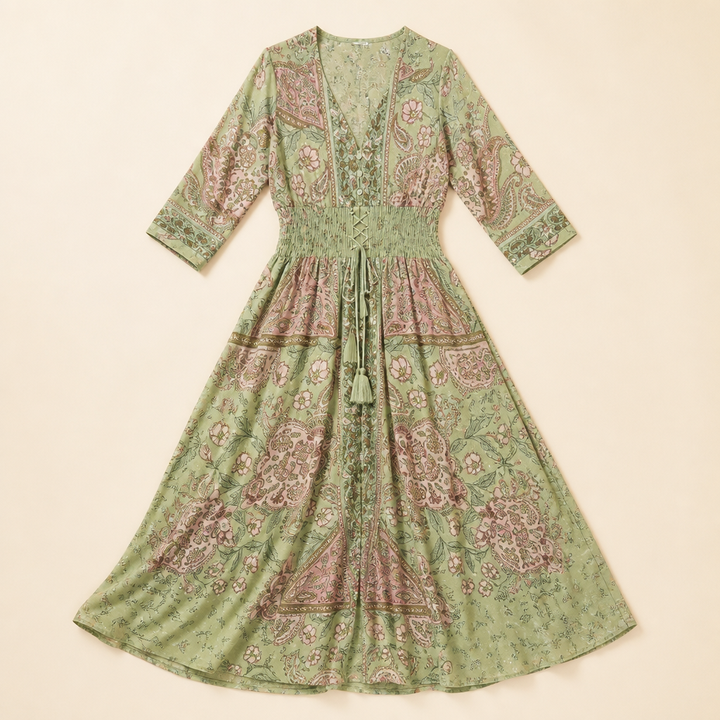 Mirella – Bohemian Paisley V-Neck Maxi Dress with Smocked Waist - Lamylie