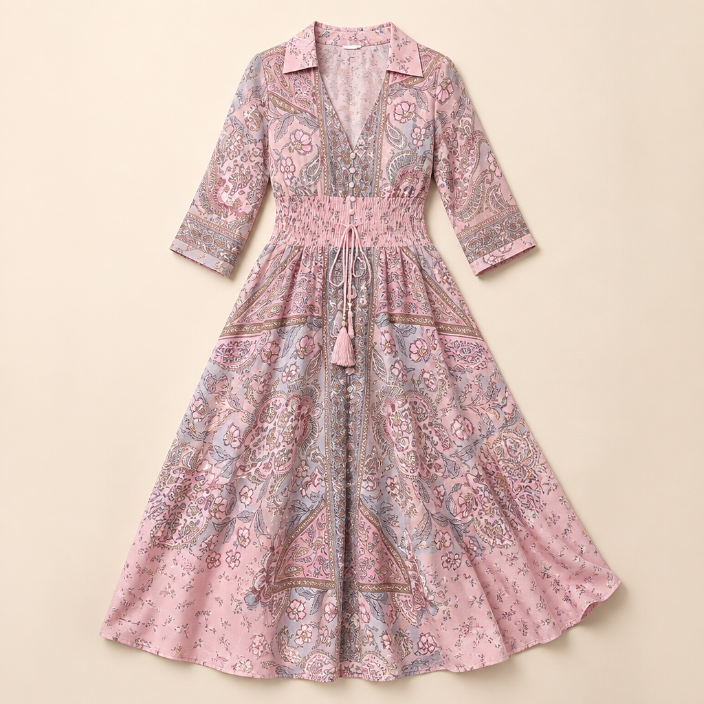 Mirella – Bohemian Paisley V-Neck Maxi Dress with Smocked Waist - Lamylie