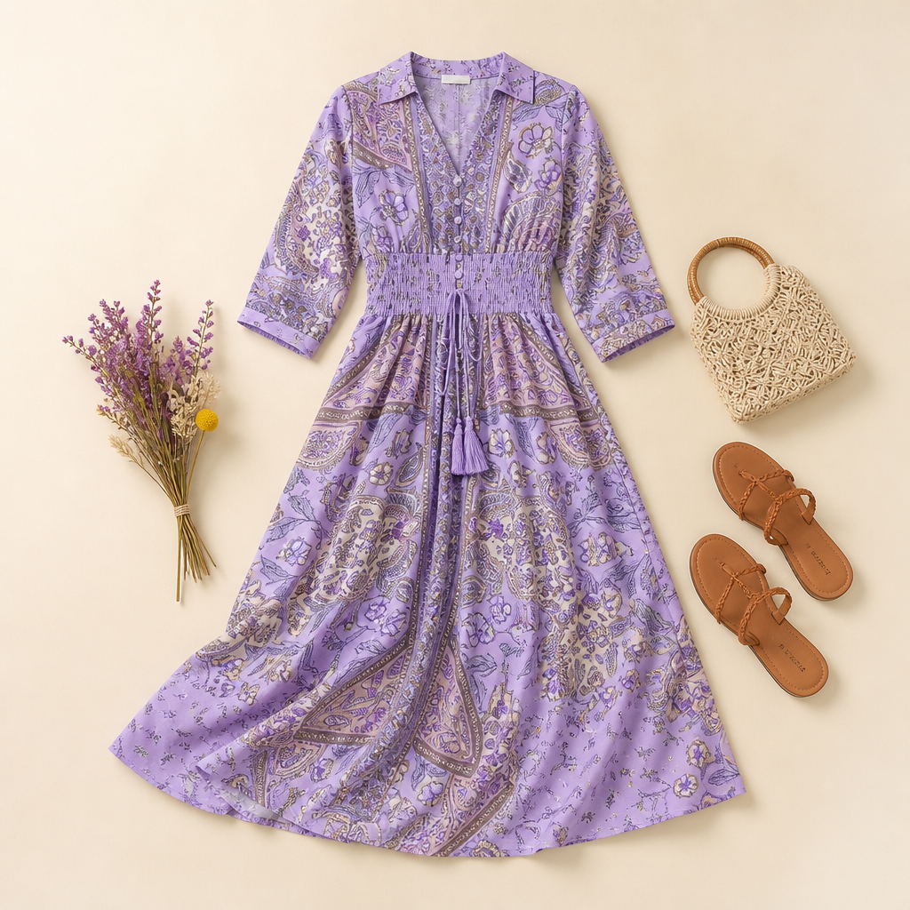 Mirella – Bohemian Paisley V-Neck Maxi Dress with Smocked Waist - Lamylie