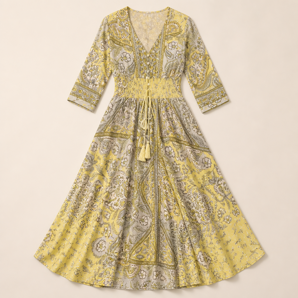 Mirella – Bohemian Paisley V-Neck Maxi Dress with Smocked Waist - Lamylie