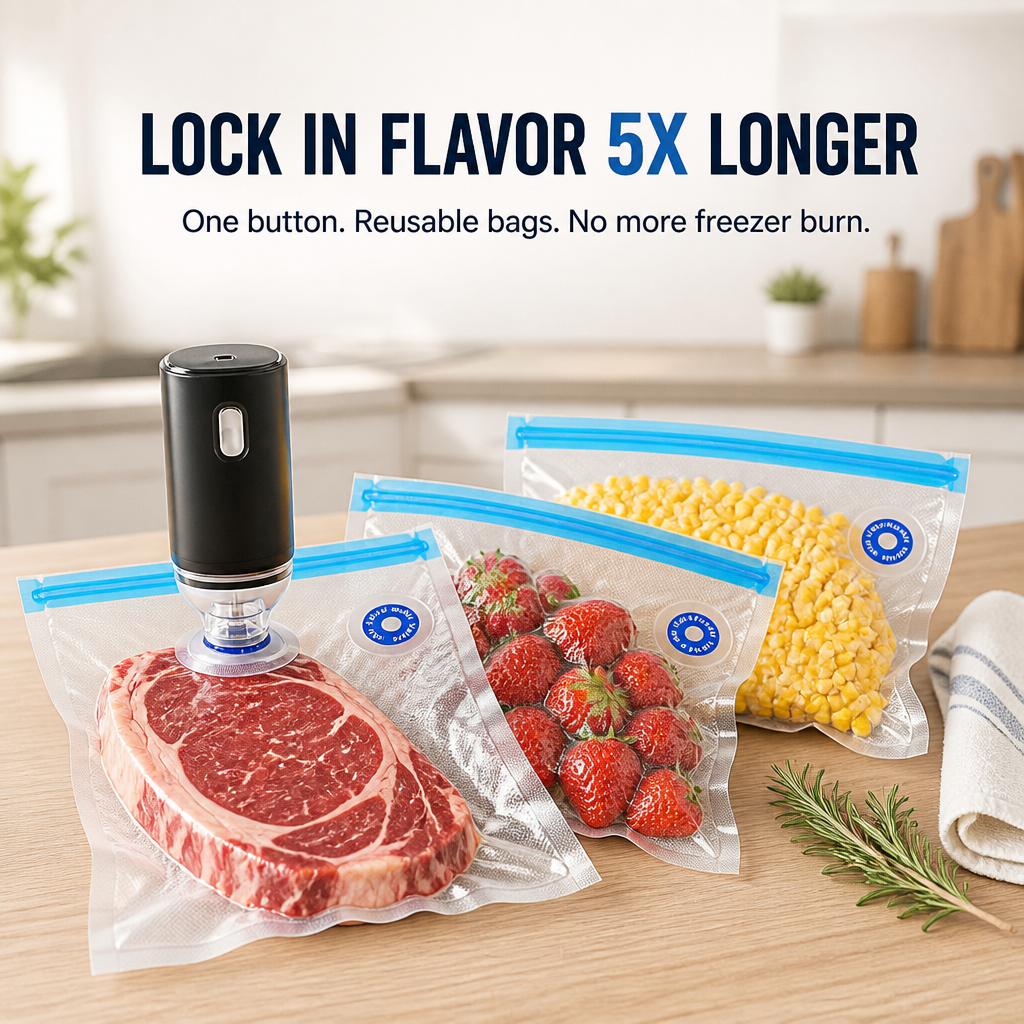 FreshSeal Pro — Gardez la viande et les fruits rouges frais 5 fois plus longtemps avec des sacs sous vide à bouton unique - Lamylie