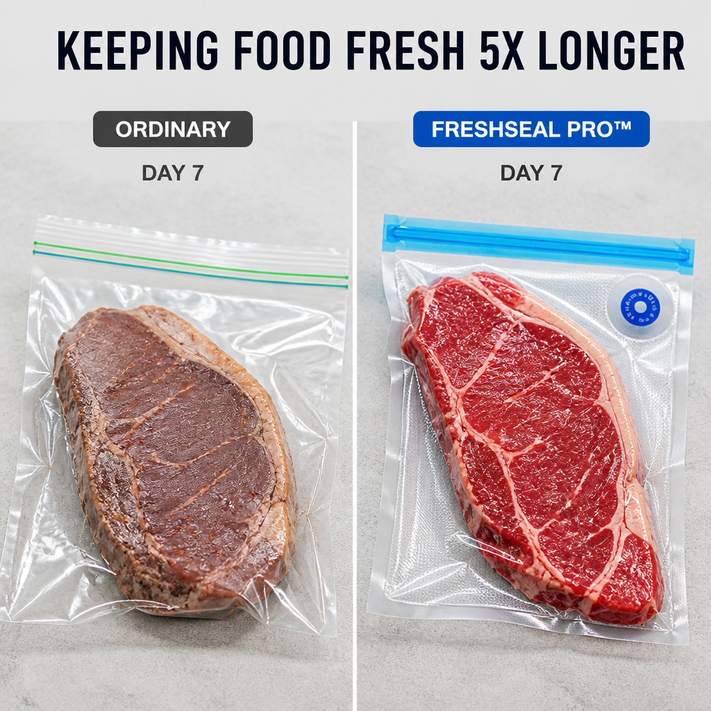 FreshSeal Pro — Gardez la viande et les fruits rouges frais 5 fois plus longtemps avec des sacs sous vide à bouton unique - Lamylie