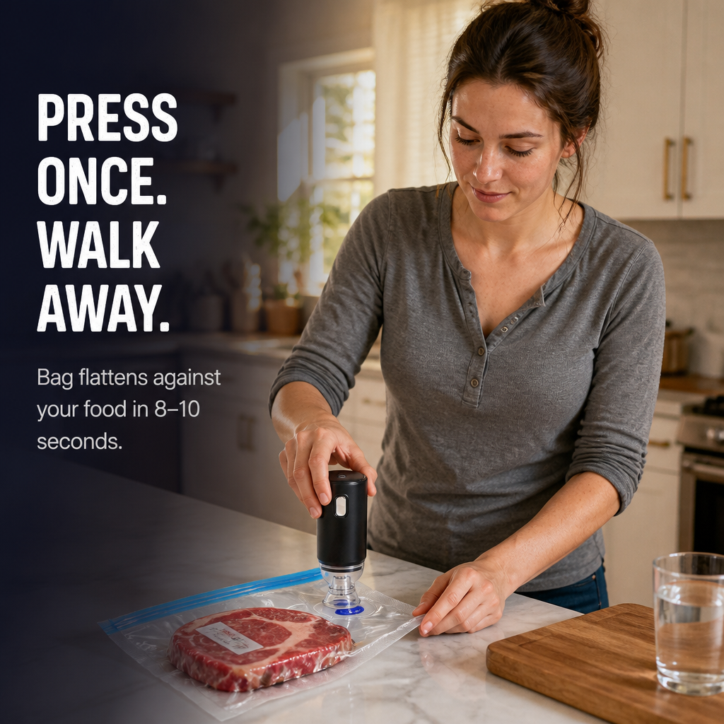 FreshSeal Pro — Gardez la viande et les fruits rouges frais 5 fois plus longtemps avec des sacs sous vide à bouton unique - Lamylie