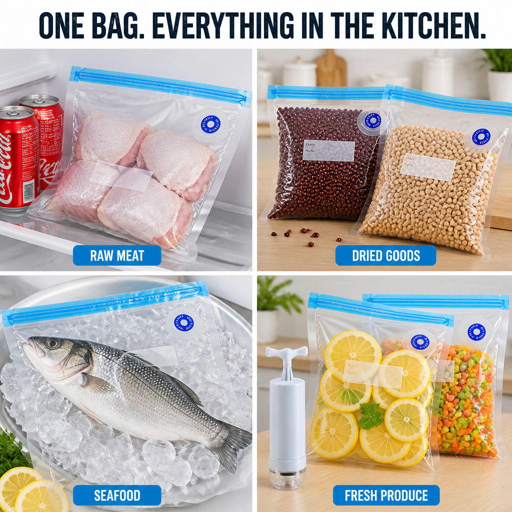 FreshSeal Pro — Gardez la viande et les fruits rouges frais 5 fois plus longtemps avec des sacs sous vide à bouton unique - Lamylie