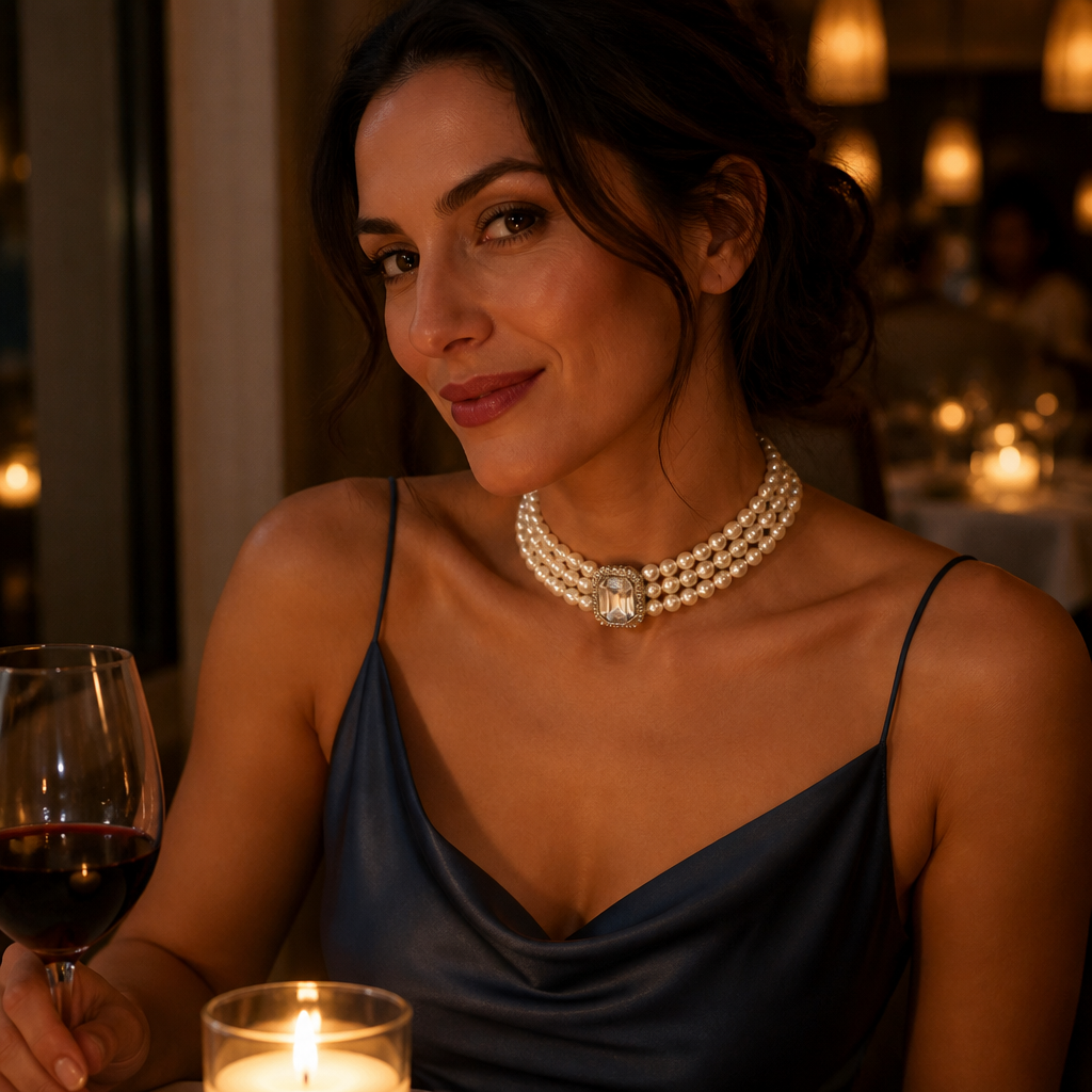 LumaVera – Vintage perlový choker ze tří řad s křišťálovým středovým prvkem – Lamylie