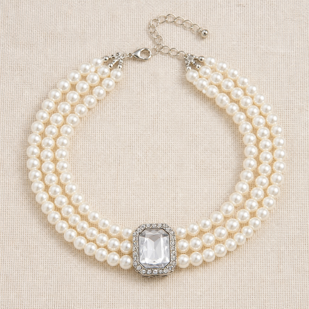 LumaVera – Vintage perlový choker ze tří řad s křišťálovým středovým prvkem – Lamylie