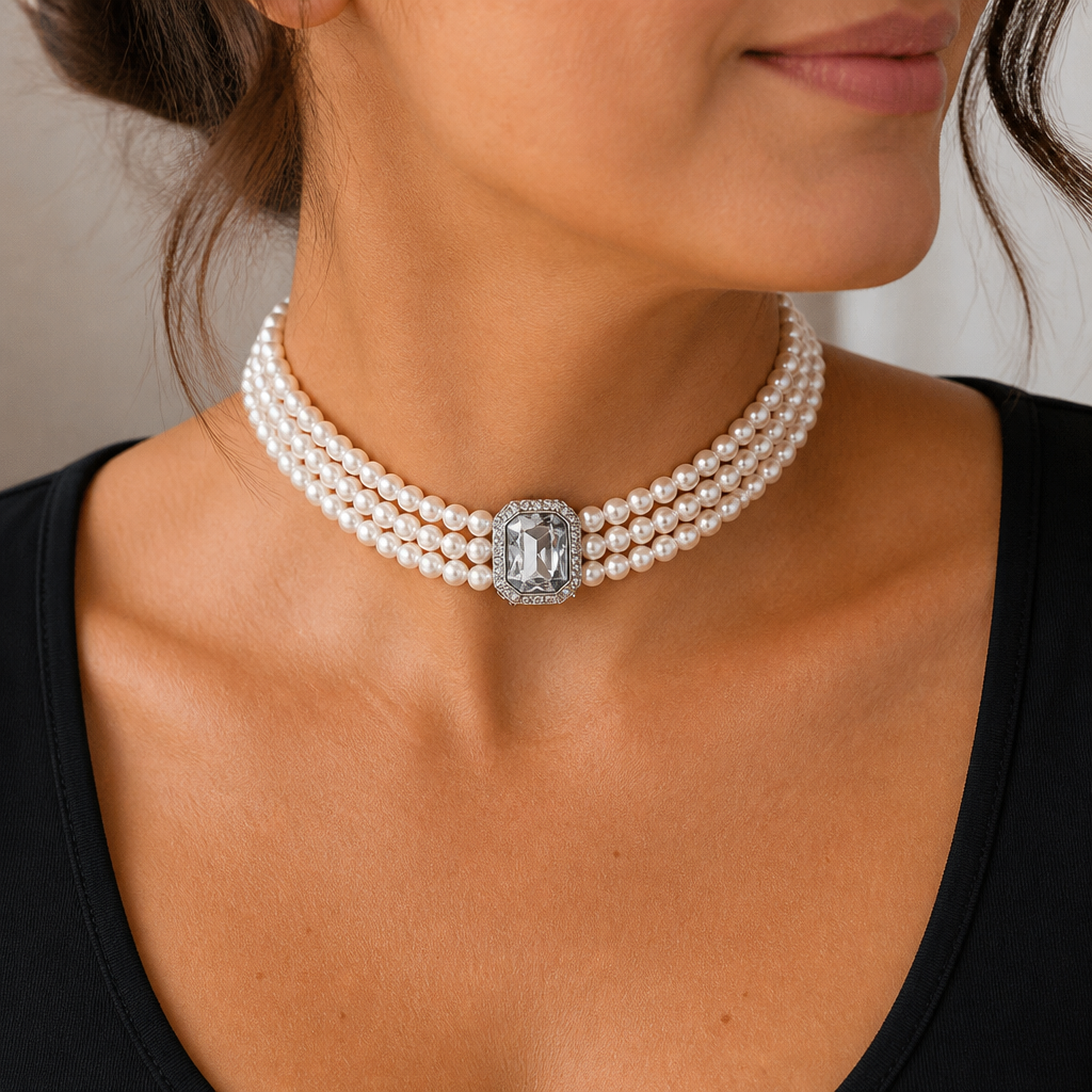 LumaVera – Vintage perlový choker ze tří řad s křišťálovým středovým prvkem – Lamylie