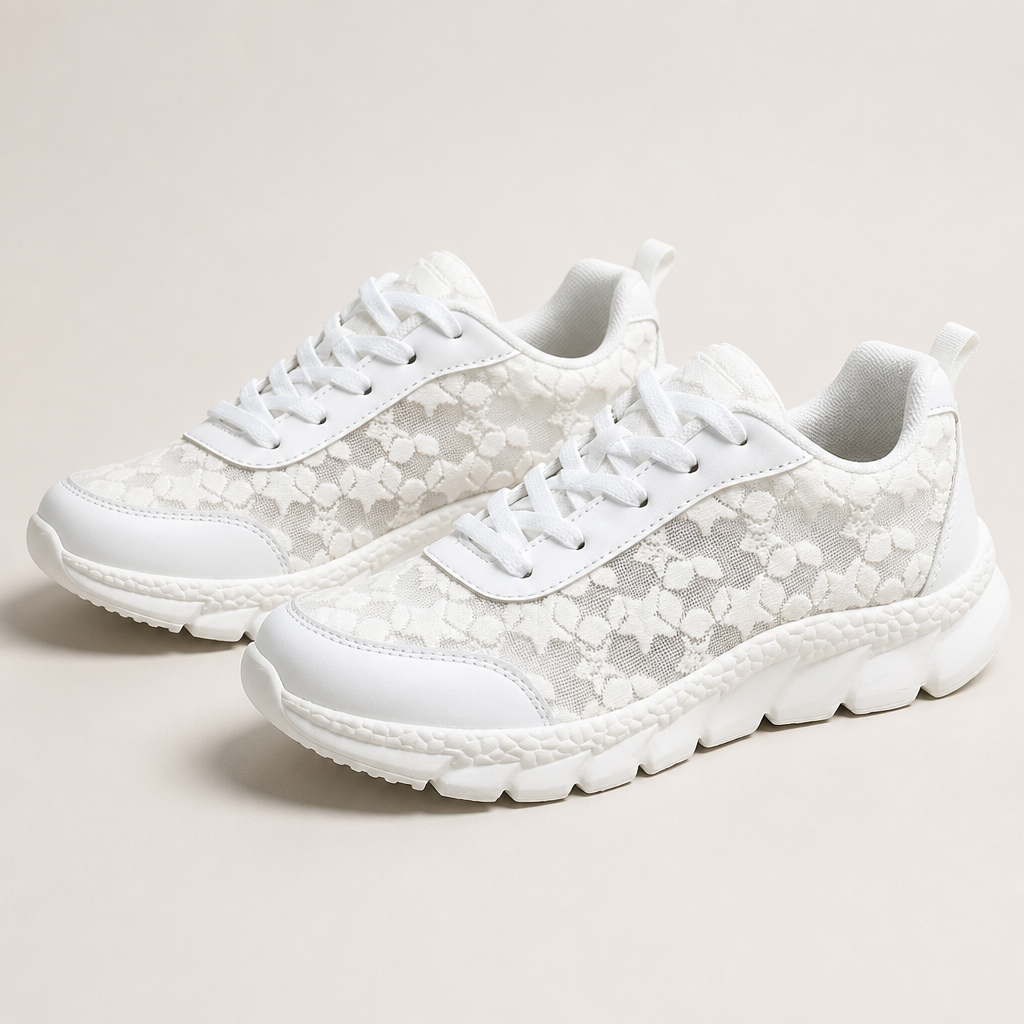 LunaStride – białe sneakersy na platformie z koronkową siateczką w kwiatowy wzór – Lamylie