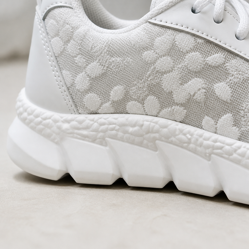LunaStride – białe sneakersy na platformie z koronkową siateczką w kwiatowy wzór – Lamylie