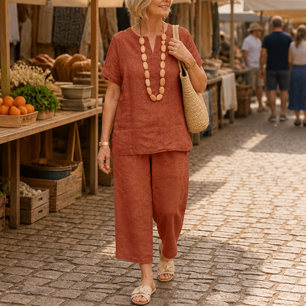 LumoraEase – Relaxed Cotton-Linen V-Neck Two-Piece Set - Lamylie