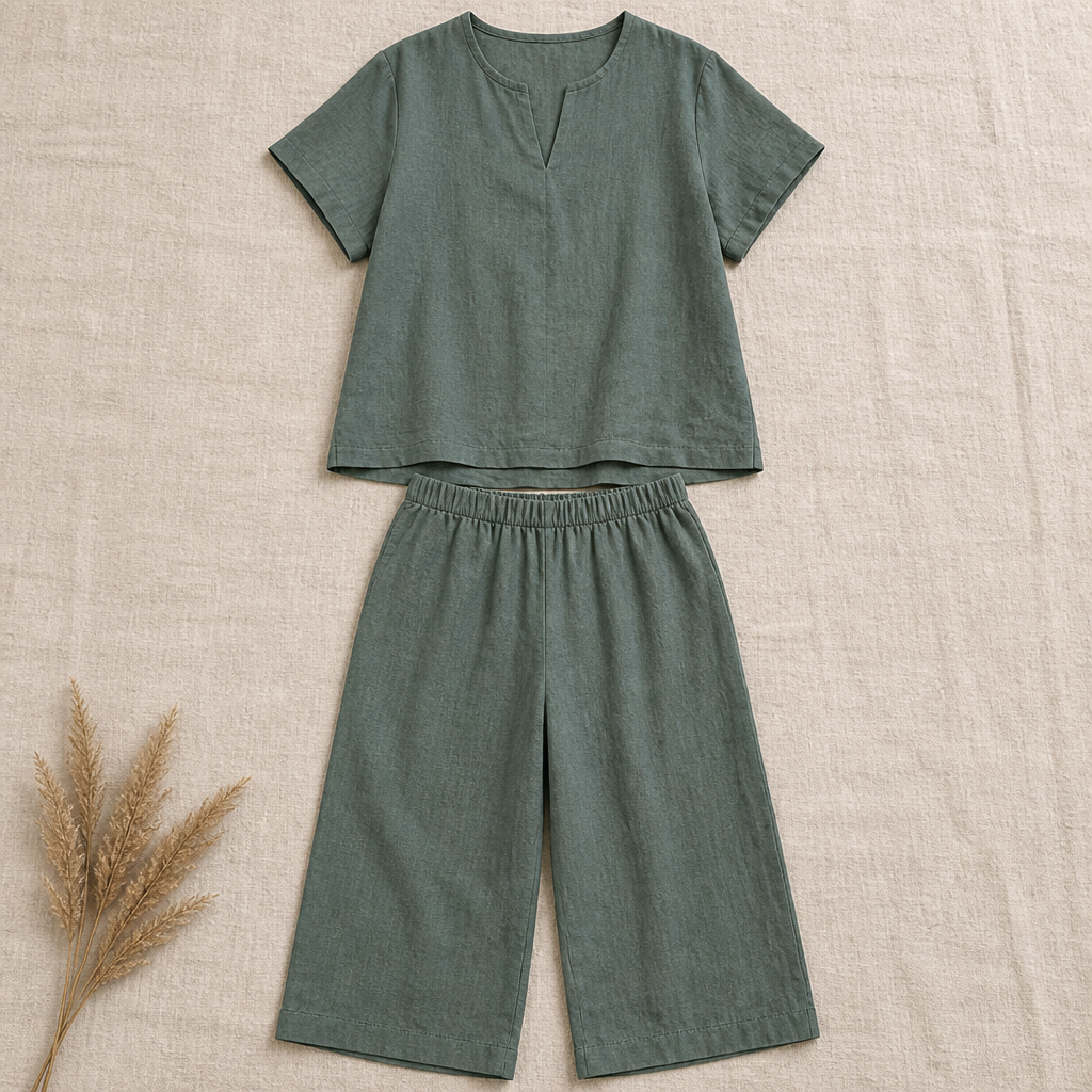LumoraEase – Relaxed Cotton-Linen V-Neck Two-Piece Set - Lamylie
