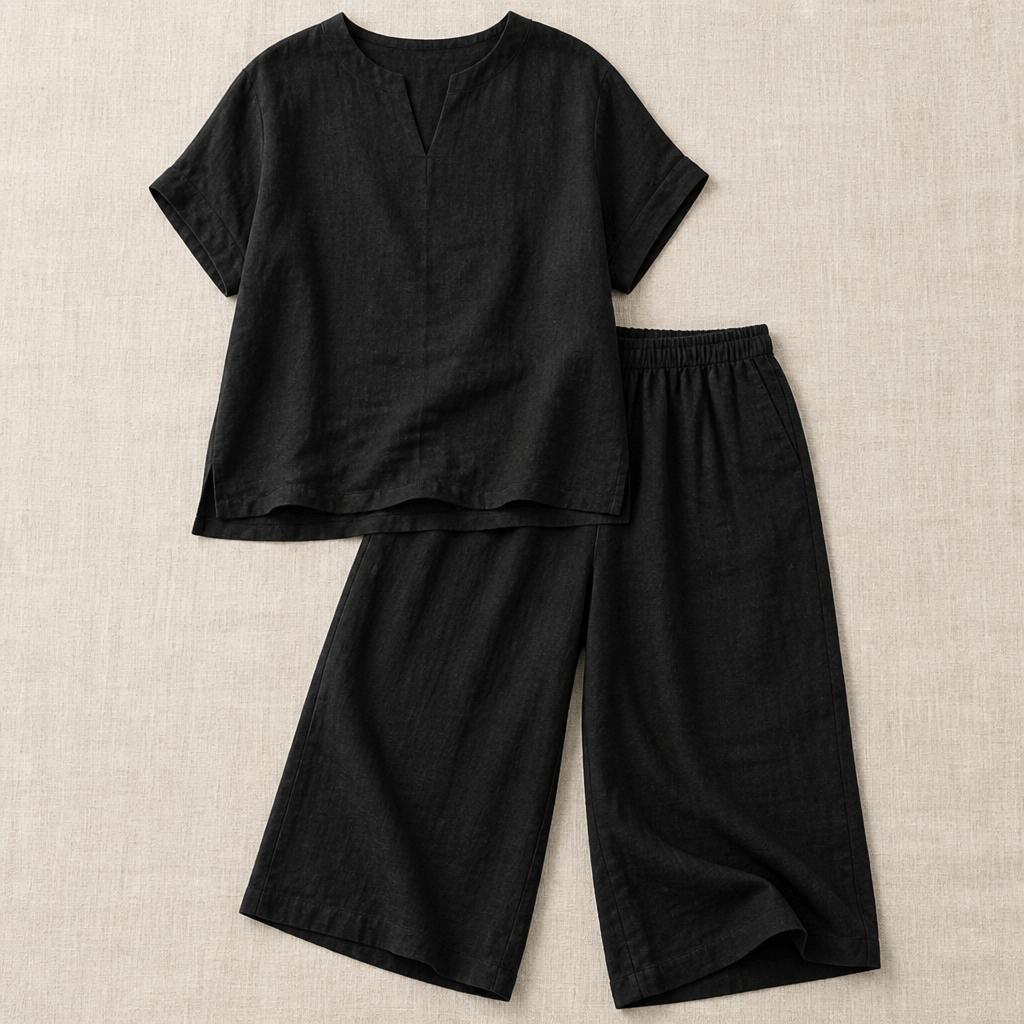 LumoraEase – Relaxed Cotton-Linen V-Neck Two-Piece Set - Lamylie