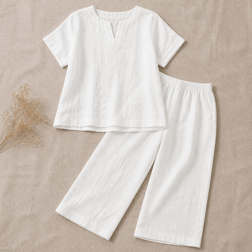 LumoraEase – Relaxed Cotton-Linen V-Neck Two-Piece Set - Lamylie