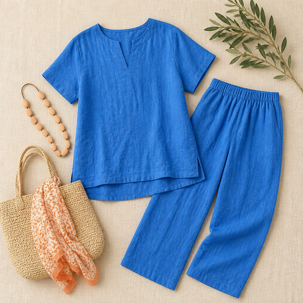 LumoraEase – Relaxed Cotton-Linen V-Neck Two-Piece Set - Lamylie