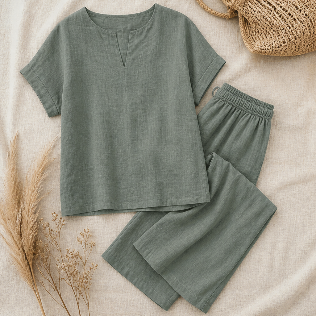 LumoraEase – Relaxed Cotton-Linen V-Neck Two-Piece Set - Lamylie
