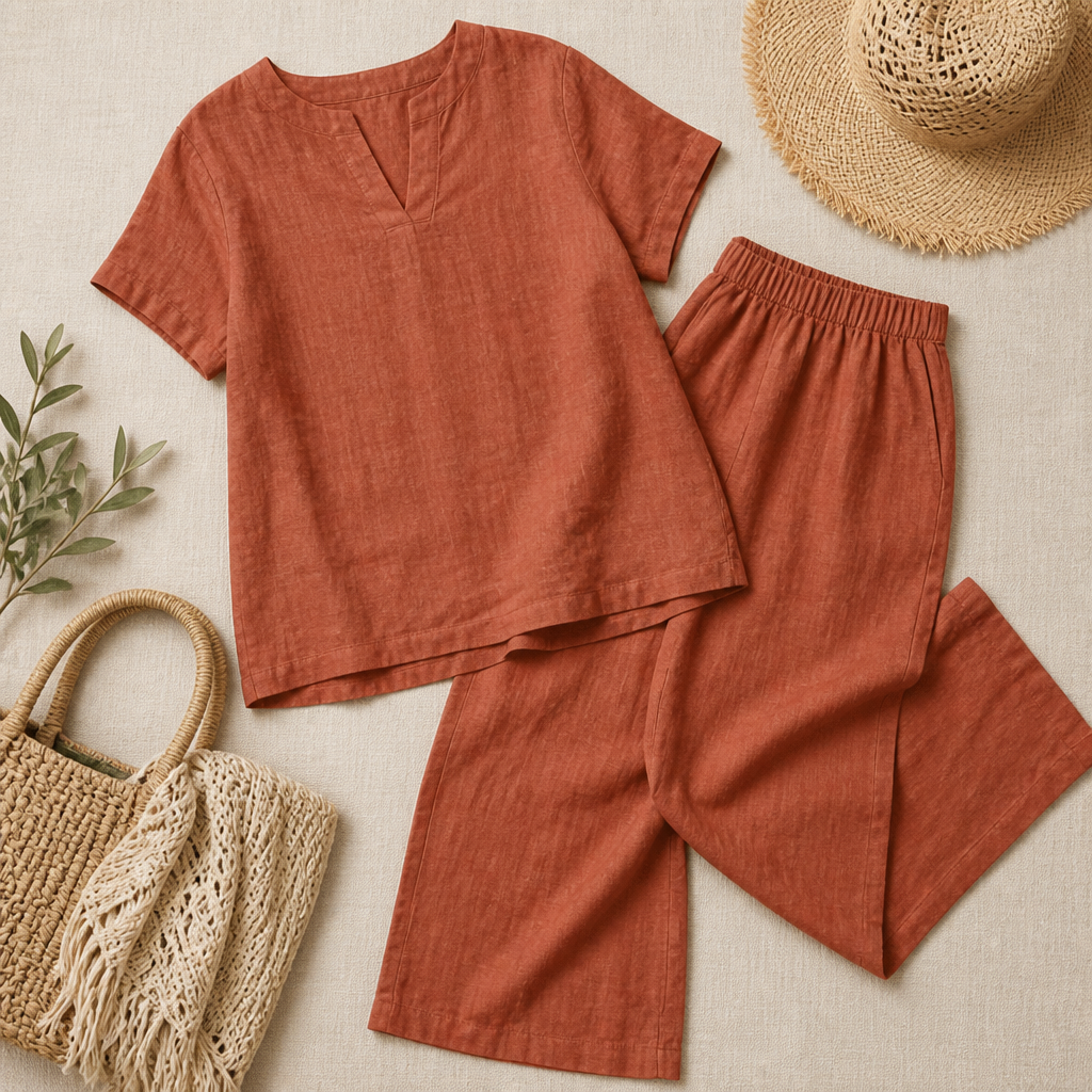 LumoraEase – Relaxed Cotton-Linen V-Neck Two-Piece Set - Lamylie