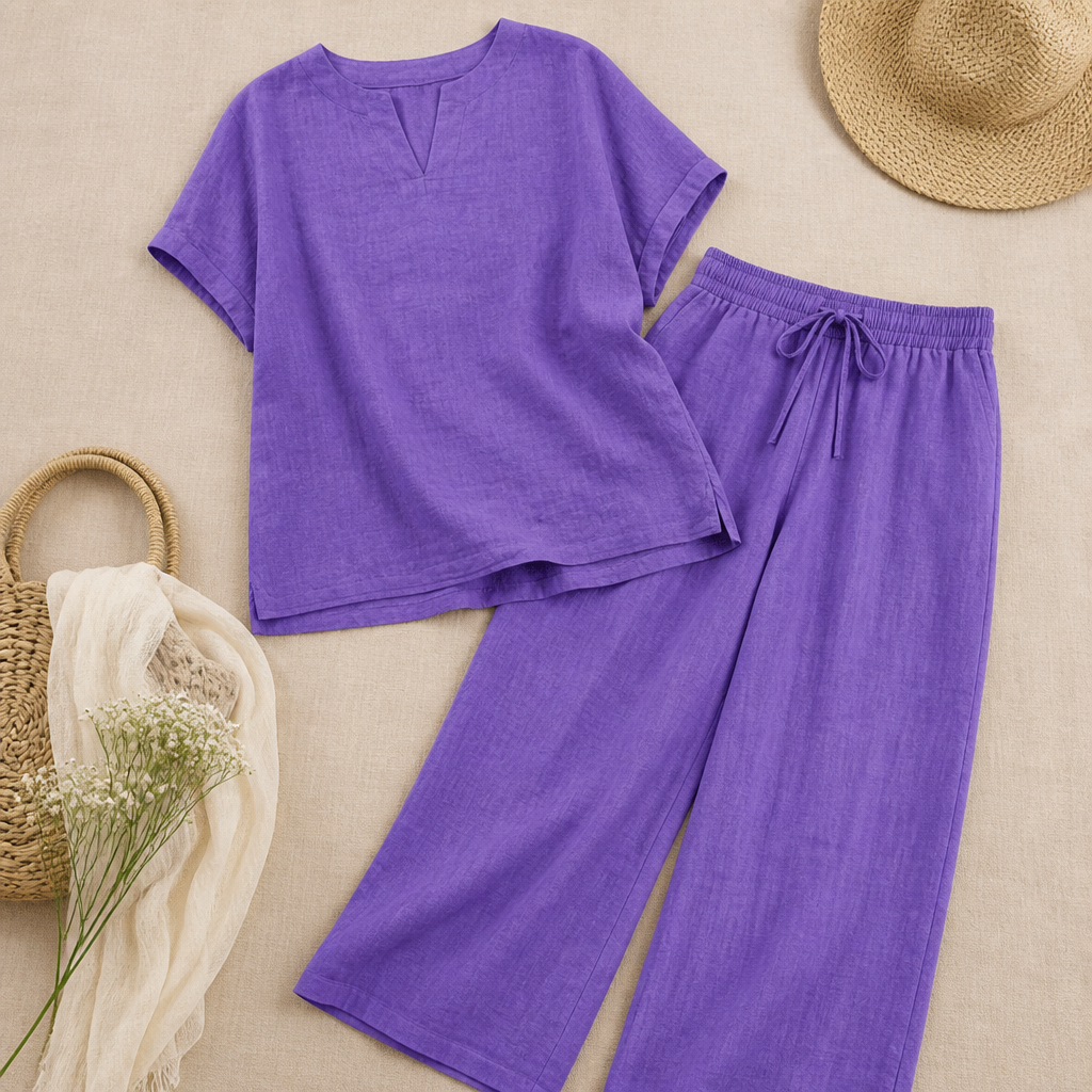LumoraEase – Relaxed Cotton-Linen V-Neck Two-Piece Set - Lamylie
