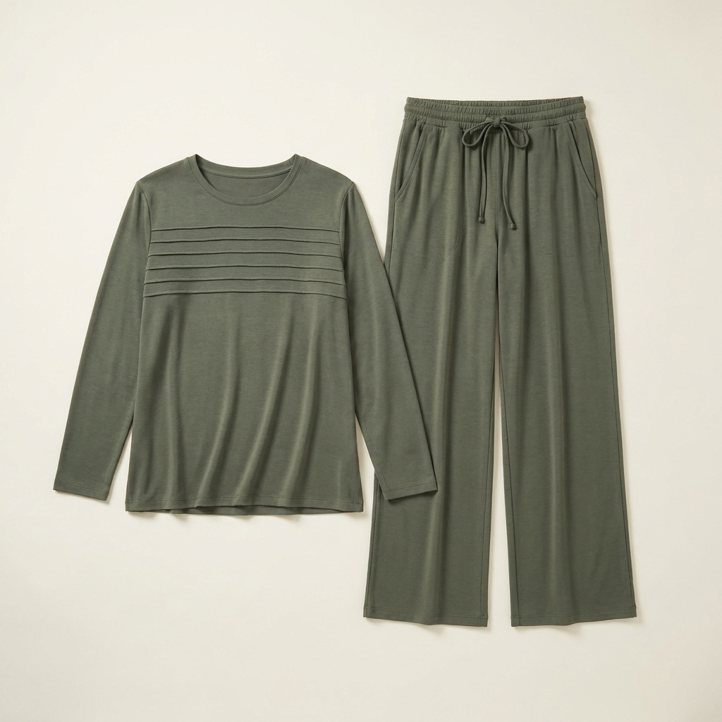 OptimaWear – Weiches, gestricktes zweiteiliges Lounge-Set mit plissierter Passe – Lamylie