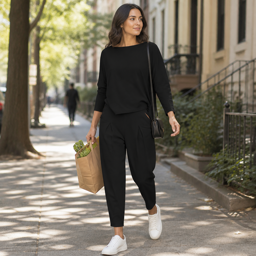 Mirelle – Relaxed Boat-Neck Two-Piece Set with Tapered Pleated Pants - Lamylie