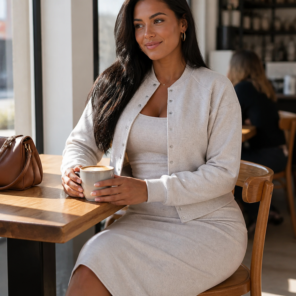 LunaCurve – Weiches Strick-Midikleid in figurbetonter Passform mit passender kurzer Jacke – Lamylie