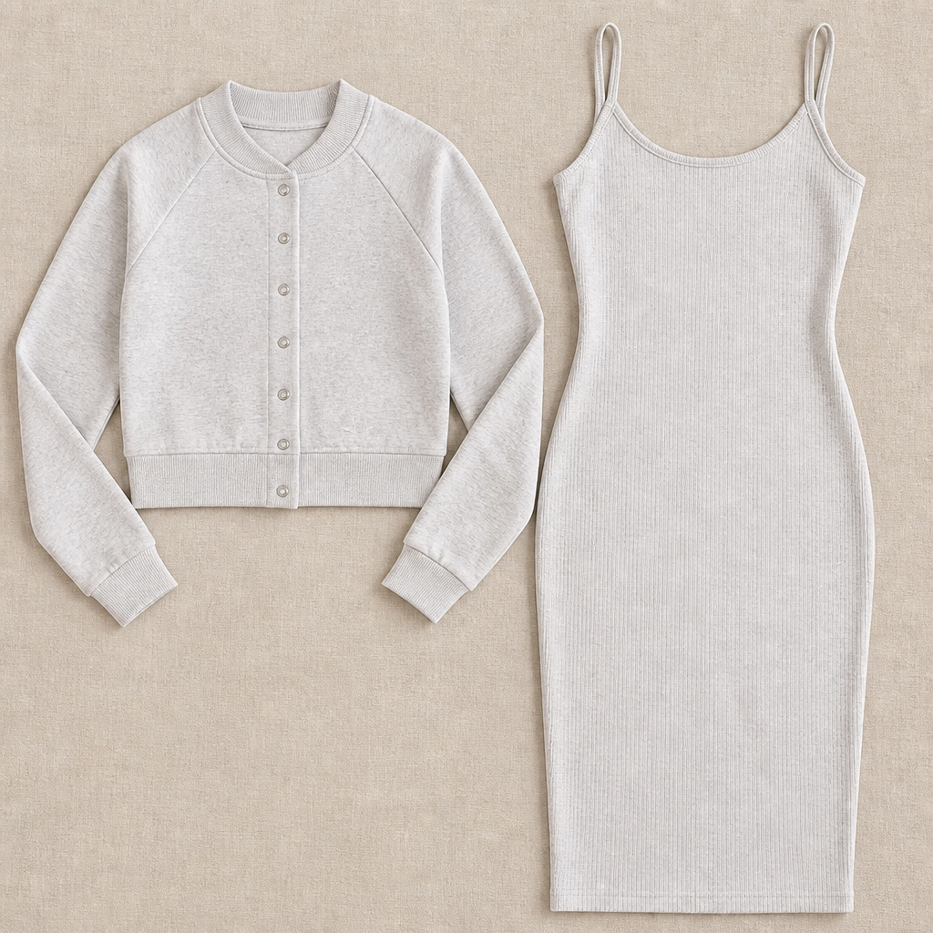 LunaCurve – Weiches Strick-Midikleid in figurbetonter Passform mit passender kurzer Jacke – Lamylie