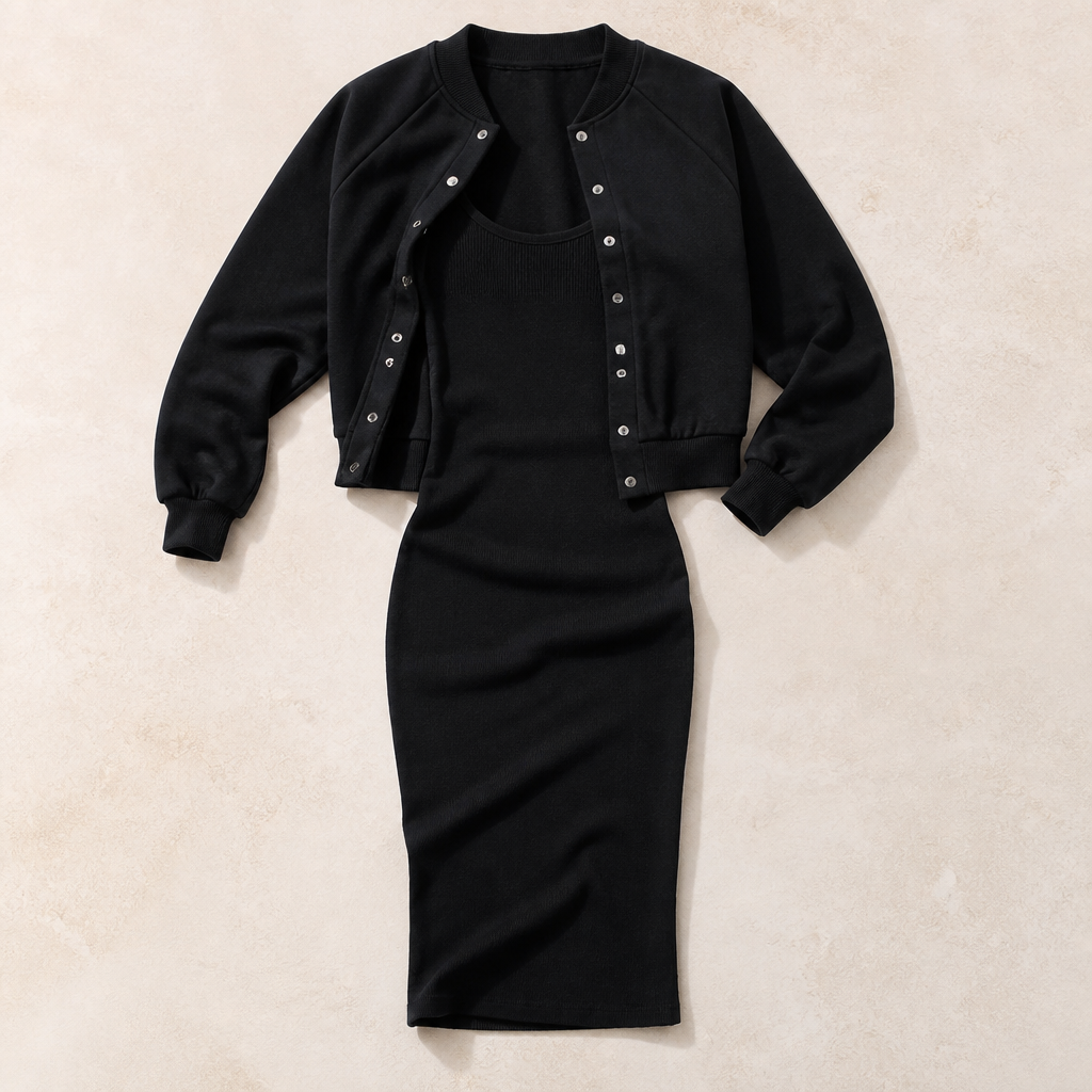 LunaCurve – Weiches Strick-Midikleid in figurbetonter Passform mit passender kurzer Jacke – Lamylie
