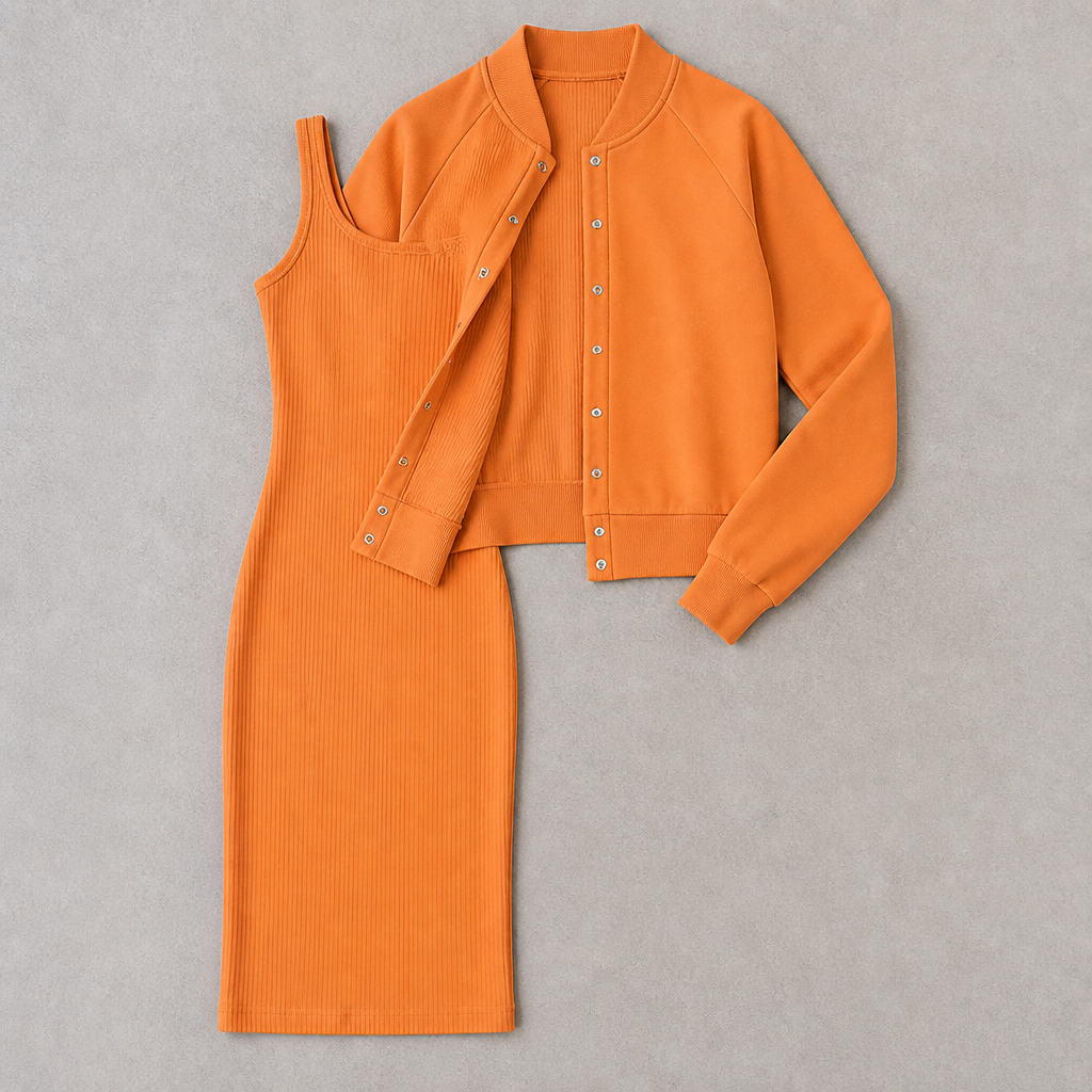 LunaCurve – Weiches Strick-Midikleid in figurbetonter Passform mit passender kurzer Jacke – Lamylie