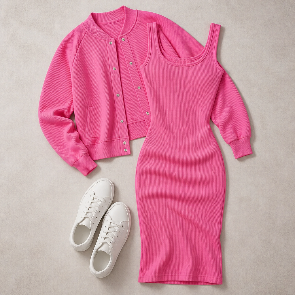 LunaCurve – Weiches Strick-Midikleid in figurbetonter Passform mit passender kurzer Jacke – Lamylie