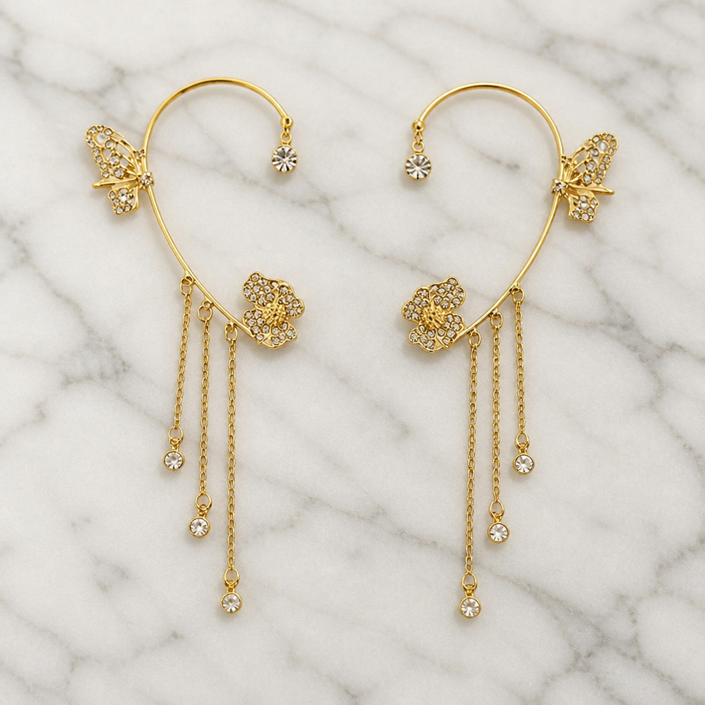 Luméline – Pendientes de aro tipo brazalete con mariposas centelleantes y cadenas de borlas de cristal - Lamylie